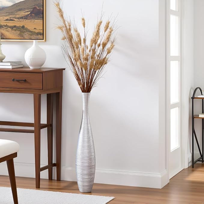 Tall Floor Vase, 27.5 inches (70cm, 2.3FT) Tall Vases Sturdy and Luxurious,Floor Vase for Country Home Decor, Living Room, Resin Silver Floor vase