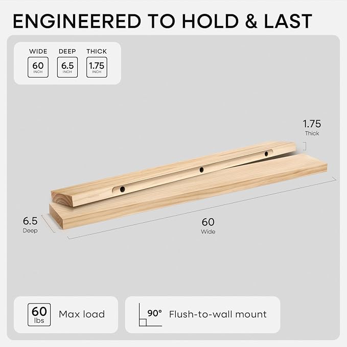Homeforia 60 inch Natural Floating Shelf, High End Solid Real Wood 60inch Small Floating Shelves for Wall Mounted, Natural Wooden Floating Shelves, Heavy Duty Bracket, 60 X 6.5 X 1.75 in, Set of 3