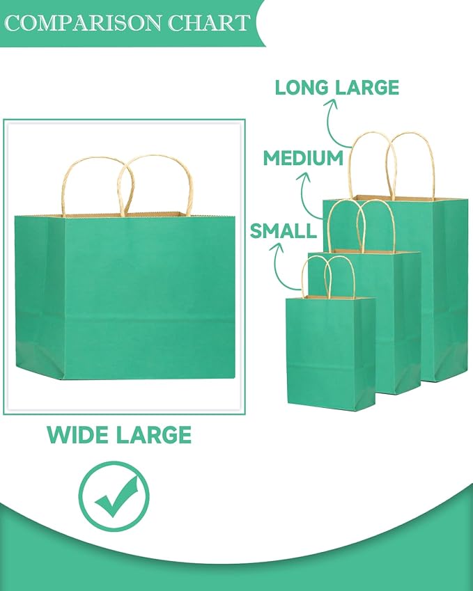 qiqee 13"x4.5"x10" Large Gift Bag with Handles Bulk 32PCS Gift Paper Bags Mint Green Bags Multiple Uses (Wide Large)