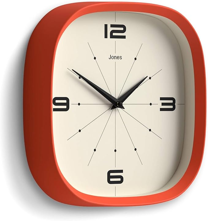 JONES CLOCKS® Pulsar wall Clock | Square Rounded Retro Clock | 10 inch | Orange | Cool Designer Look for Kitchen, Living Room or Office