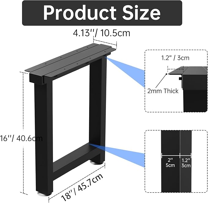 TOCRETOARE Metal Table Legs Heavy Duty, 16”H x 18”W, Metal Furniture Legs for Dining Desk Bench and Coffee Table, Industrial Black DIY Iron Bench Legs, Set of 2