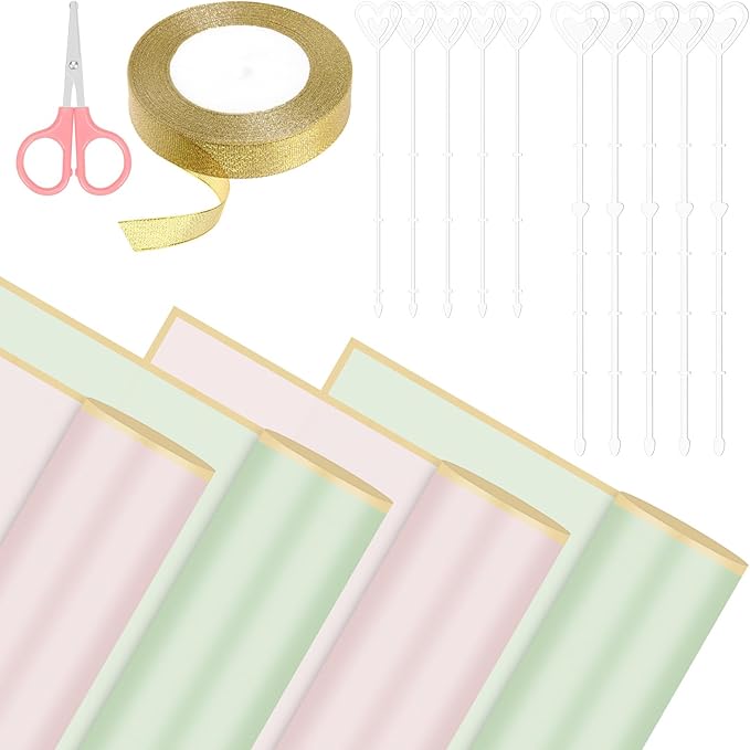 Glarks 52pcs Flower Wrapping Paper Set, Including 40 Sheets Pink and Blue Waterproof Bouquet Wrapping Paper, 10pcs Floral Pick Card Holders, 1 Roll Ribbon and 1pcs Pink Scissors for Flower Shop