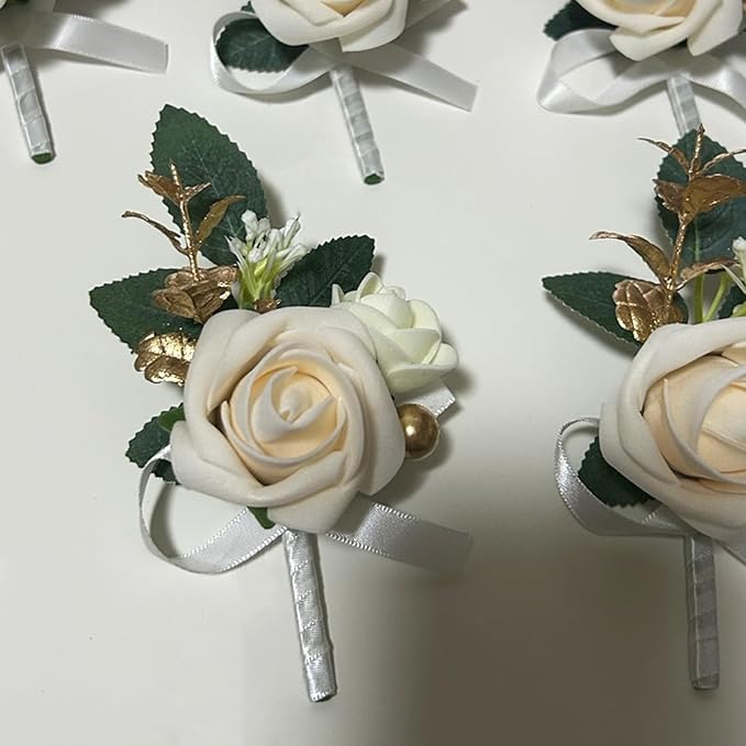 6PCS White Boutonniere for Men, Ivory Boutonniere Pins for Men Groomsmen Guest Boutonniere, Artificial Flowers for Wedding Decor Prom Homecoming
