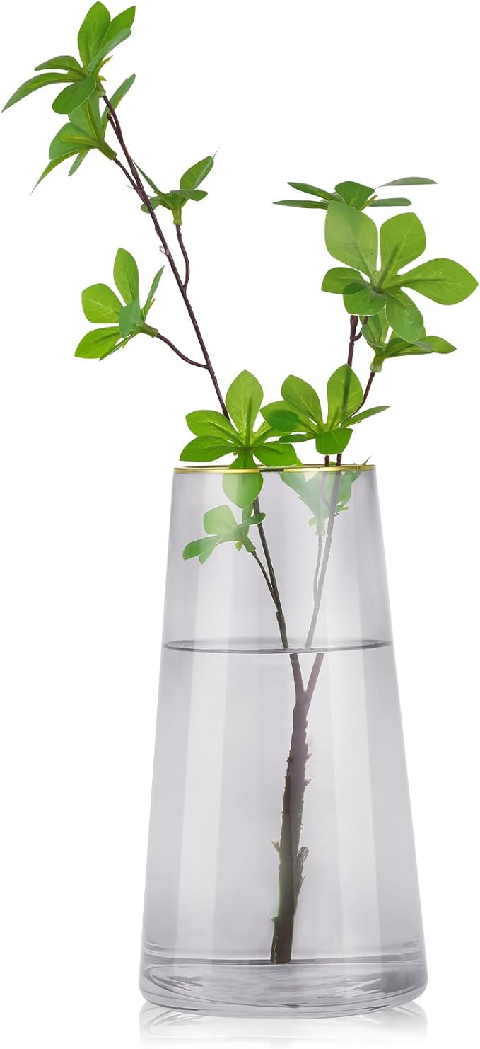 WHJY 9 inch Gray Clear Glass Vase for Table Centerpieces Home Décor, Flower vase Modern Glass Bottles Decorative-Gray