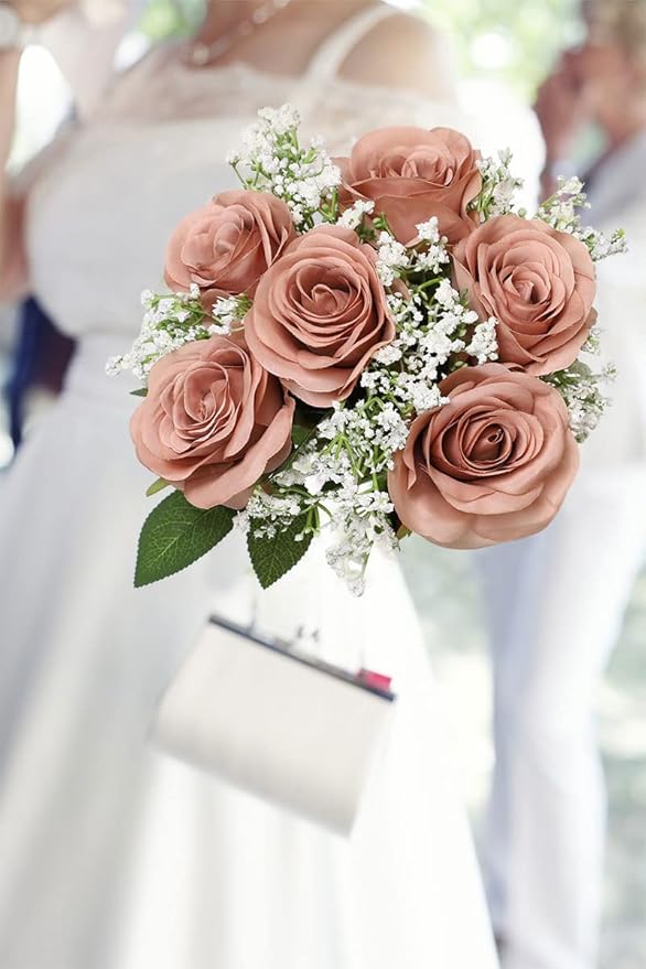 Artificial Rose Flower Artificial Flowers Flower with Long Stem Silk Roses Bouquet for Wedding Bridal Shower Party Home Decoration (Dusty Rose, 30 Pcs)