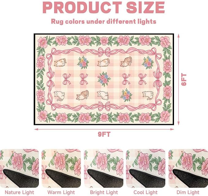 6'x9' Cat Floral Area Rug Pink Bow Flower Carpet Washable Rug Cute Cartoon Boho Floor Mat for Bedroom Living Room Nursery Playroom Classroom Home Decor