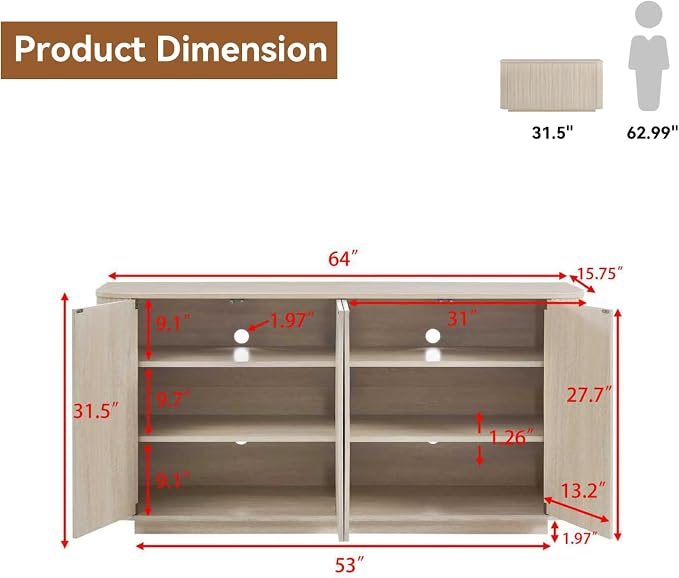 64" Sideboard Buffet Cabinet with Storage, Modern Fluted Accent Credenza with Adjustable Shelves, Wood Media Console Coffee Bar Table for Living Room Kitchen Dining Room, 31.5" H, Rock Grey