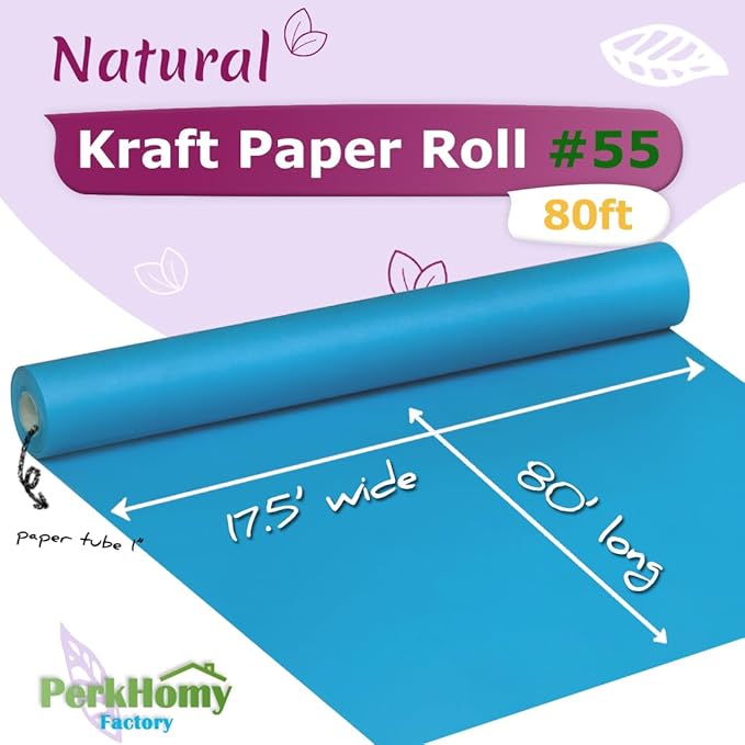 PerkHomy Lake Blue Kraft Paper Roll 17.5" x 960" (80') for Gift Wrapping Bouquet Flower Art Painting Craft Writing Packaging Shipping 80GSM 55LB (Lake Blue, 17.5" x 80')