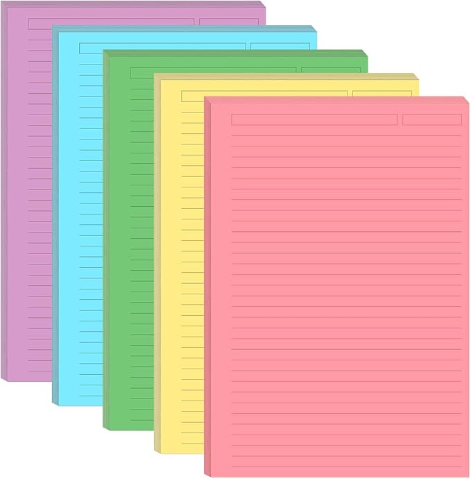 Unpunched Line Paper 5 Colorful - 100 Sheets/200 Pages Ruled Filler Paper, Per Color 20 Sheets, 5.8" x 8.5"