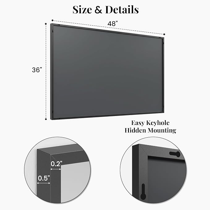 48"x36" Black Landscape Bathroom Mirror for 48-60 inch Vanity, Shatterproof Tempered Glass, Narrow Metal Frame, Large Mantle Mirror