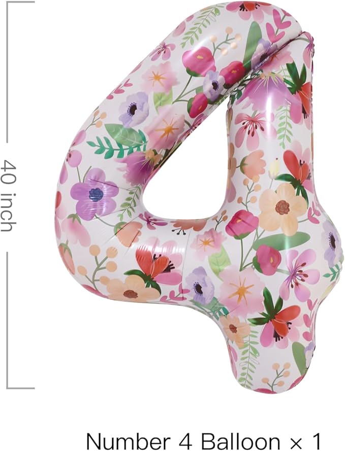 Flower Balloons 40 Inch Floral Number 4 Balloon for 4th Birthday Garden Party Decorations Four Year Old Photo Props Foil Number 4