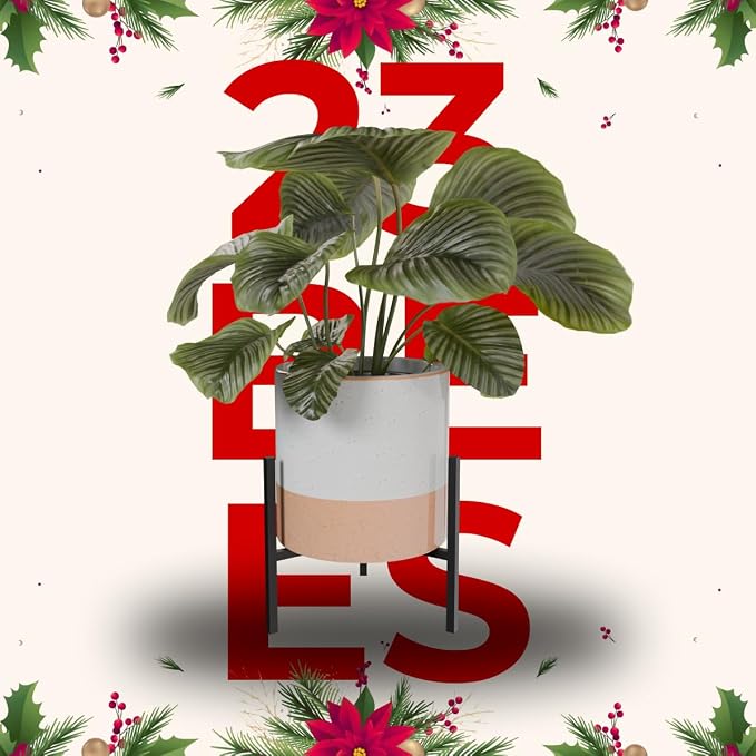 23 Bees Mid-Century Modern Ceramic Planter with Plant Stand Indoor Decorative Plant Pot with Stand in Earthy Beige and White Glaze, Black Metal Stand (Large 16 inch plant pot, Three sizes) (Small)