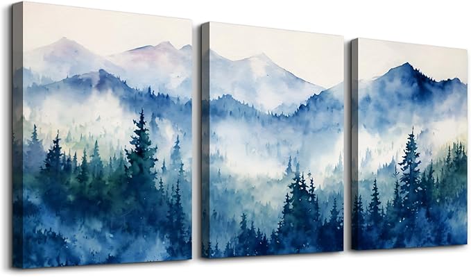 SERIMINO Nature Landscape Canvas Wall Art for Living Room, Forest Mountain Canvas Prints Paintings, Blue Modern Farmhouse Wall Decor for Bedroom Bathroom Set of 3, 16"X24"