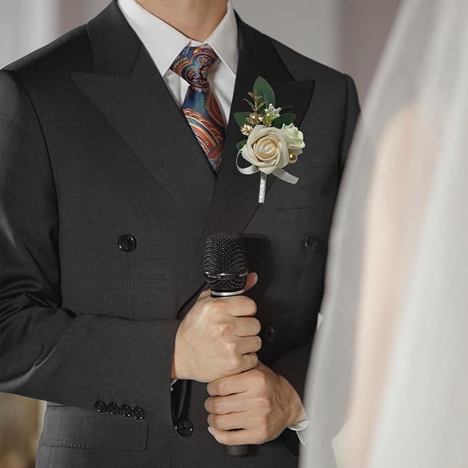 6PCS White Boutonniere for Men, Ivory Boutonniere Pins for Men Groomsmen Guest Boutonniere, Artificial Flowers for Wedding Decor Prom Homecoming