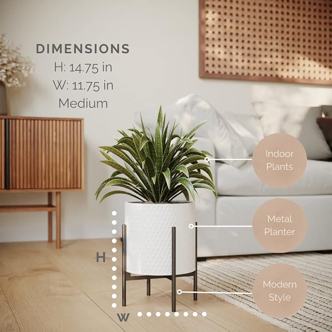 EverNest Claire Mid-Century Modern White Planter and Stand, Indoor Plant Pot, SelectBase, Minimalist Aesthetic, Home Decor for Plants - (Black Base, Medium)