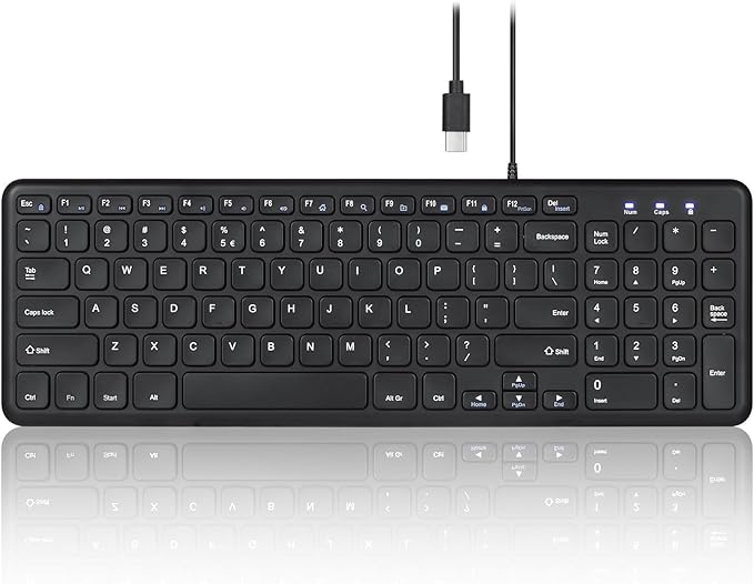 Perixx PERIBOARD-213C Wired Silent USB-C Scissor Keyboard - 14.45x4.76x0.71 Inches Compact Design with Number Pad - Black - US English