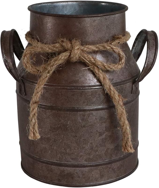 HyFanStr Shabby Chic Metal Flower Vase Rust Painted Decor Milk Can Bucket Country Primitive Jug Farmhouse Decoration Small