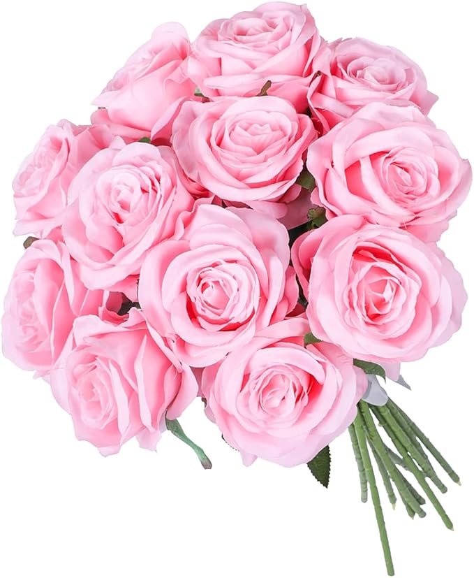 Kisflower 12 Pcs Pink Roses Artificial Flowers with Stems Silk Roses Fake Rose Realistic Flower Bouquet for Wedding Party Office Home Decor (Pink)