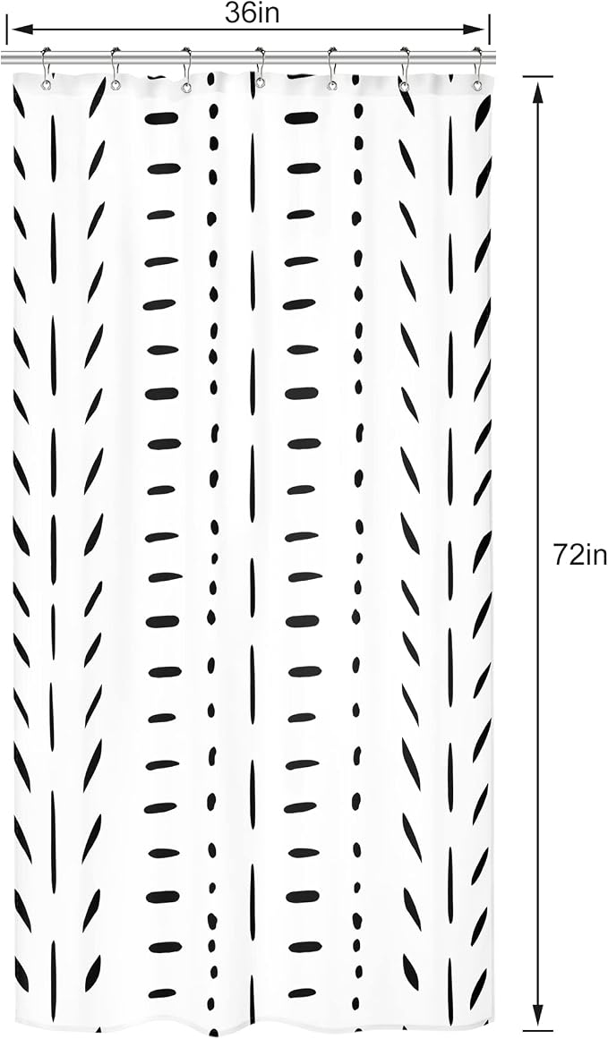 Riyidecor Boho White Black Stall Small Half Size Dorm Shower Curtain 36x72 Inch Striped Geometric Chevron Herringbone Single Narrow Tiny Walkin Stand Up Decor Fabric Bathroom Set Polyester Waterproof