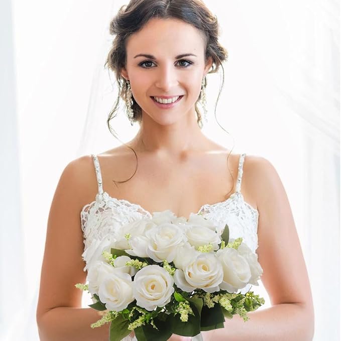 CYANLUX Wedding Bouquets for Bride Bridesmaid Bouquet Champagne White Artificial Roses Flowers for Wedding Valentine's Day Church Home Decoration (1#White)…
