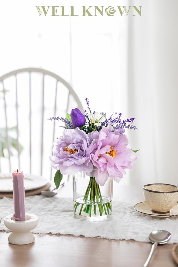 WELL KNOWN Artificial Flowers in Glass Vase with Fake Water, Silk Peony Fake Tulip Bouquet for Home Dinning Tea Table, Office Desktop, Hotel, Wedding, Party, Lavatory Decor & Gift (Lavender Purple)