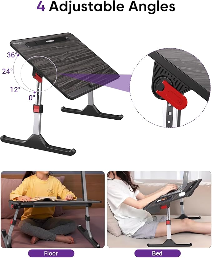 NEARPOW Laptop Desk for Bed with LED Light, Adjustable Foldable Bed Table Lap Desk,Computer Tray Laptop Stand with Book Stand,Wrist Rest, Storage Drawer for Adults Kids Writing Work Study Couch Floor