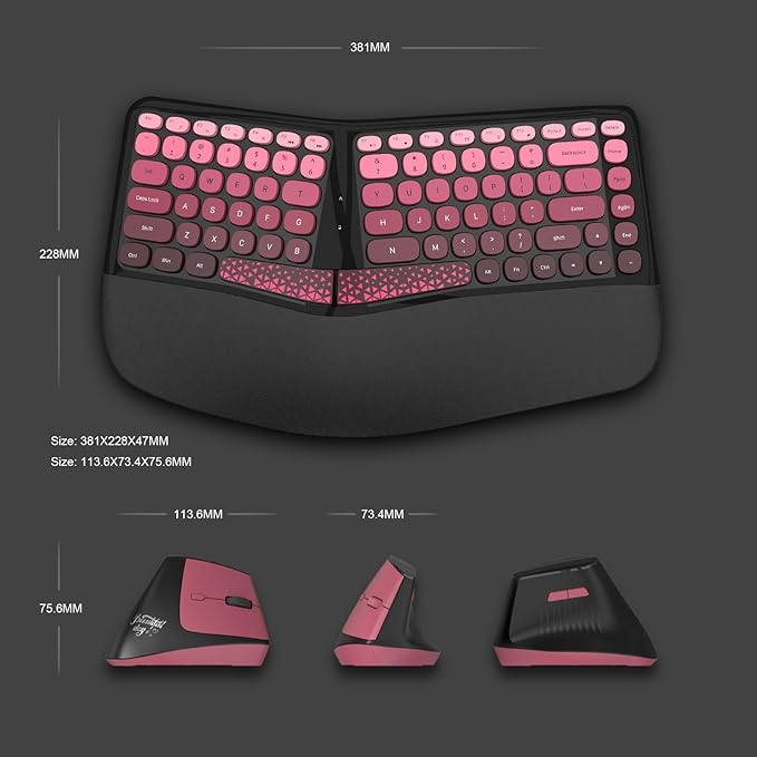 Ergonomic Wireless Keyboard and Mouse Set Wireless Keyboard Silent Mice Set with Wrist Rest for Computer, Laptop, PC, Mac, Windows Black Pink