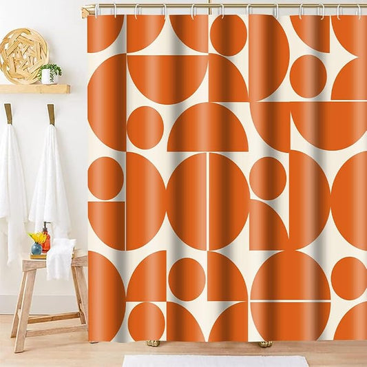 Vintage Orange Mid Century Modern Shower Curtain Boho Abstract Geometric Art Shower Curtains for Bathroom Decor 72x72 Inch 70s 80s Retro Washable Fabric Bathroom Set with 12 Hooks