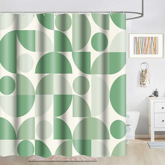 Vintage Green Mid Century Modern Shower Curtain Boho Abstract Geometric Art Shower Curtains for Bathroom Decor 72x72 Inch Colorful Unique Pattern Washable Fabric Bathroom Set with 12 Hooks