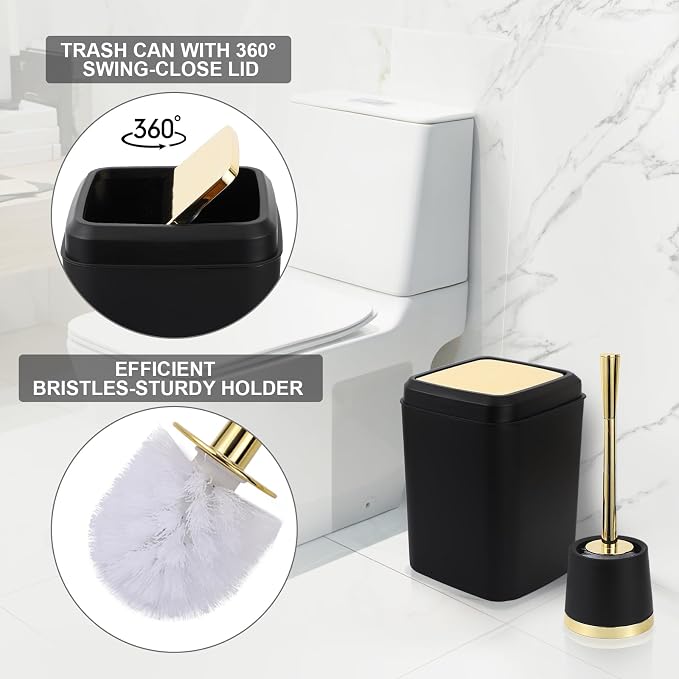 XLHOMO Black and Gold Bathroom Accessories Set - 10 Piece Bathroom Sets with Trash Can, Soap Dispenser, Soap Dish, Toothbrush Holder and Cup, Toilet Brush, Qtip Holder, Bathroom Accessory Set Complete