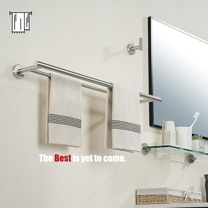 JQK Double Towel Bar 27 Inch, Brushed Steel Useable Length 24 Inch 304 Stainless Steel Thicken 0.8mm Bath Towel Rack for Bathroom, Towel Holder Wall Mount 2 Pack, TB100L24-BN-P2