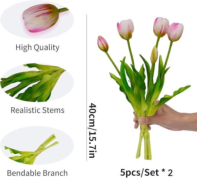 10PCS Pink Tulips Artificial Flowers Real Touch Fake Tulips Fake Flowers Mother's Day Easter Valentine'S Day Gifts Spring Decorations For Home