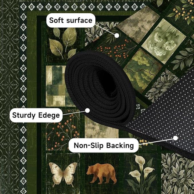 4'x6' Vintage Green Botanical Area Rug Non-Slip Washable Nature Patchwork Carpet Boho Floor Mat Rugs for Bedroom Living Room Nursery Kitchen Playroom Home Decor