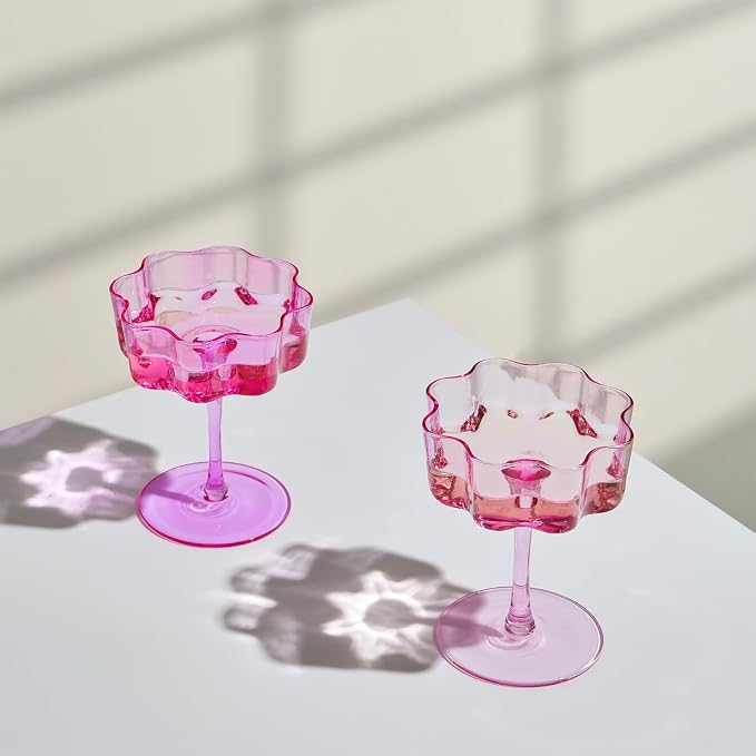 Flower Scalloped Vintage Wavy Petals Wave Glass Coupes 7oz Colorful Martini, Champagne & Cocktails, 2 Pink & Blush Set Amber Rippled Champagne Glasses, Elegant Bar Glassware, Aesthetic Coupe Glassware