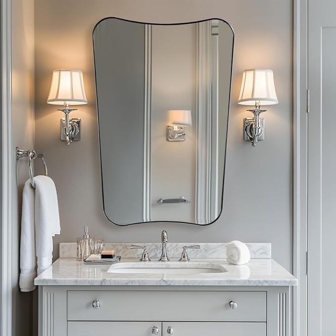 ANDY STAR Scalloped Bathroom Mirror, 26x38 Inch Brushed Nickel Frame Mirror, Silver Bathroom Vanity Mirror, Modern Scalloped Edge Design in Rust-Proof Stainless Steel 1” Frame