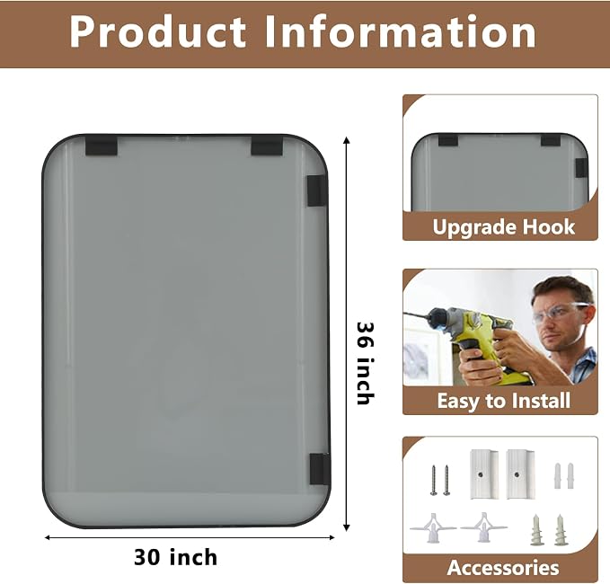 Matte Black Mirror, 30"x36" Rectangle Bathroom Mirror, Metal Frame Rectangle Corner Vanity Mirror, Wall Mounted Mirror for Modern, Living Room, Bedroom, Horizontal Or Vertical