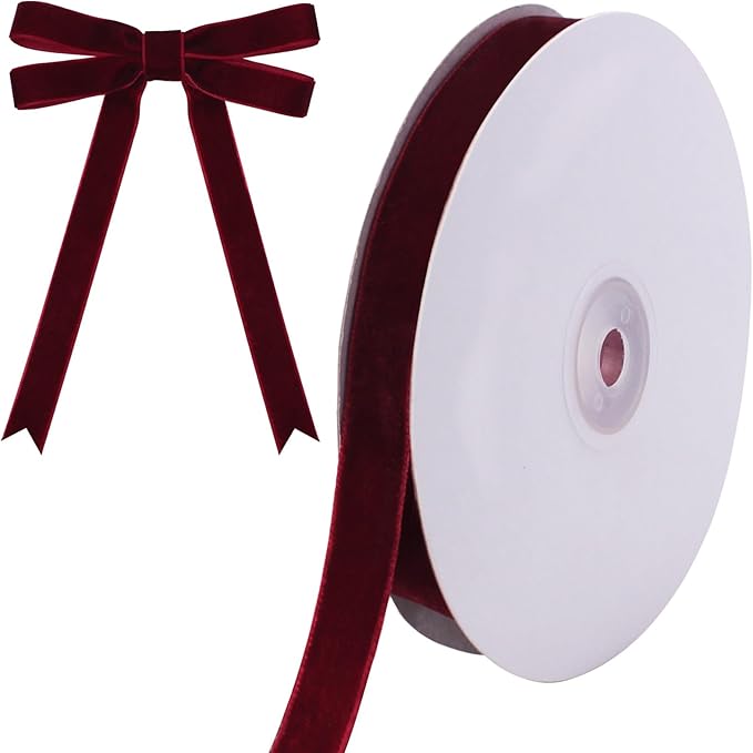 10 Yards Burgundy Velvet Ribbon for Christmas Tree,5/8 Inch Dark Red Velvet Christmas Ribbon for Gift Wrapping Crafts Bow Wreath Holiday Decorations (Burgundy)