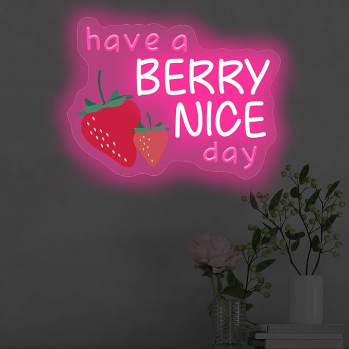 Have A Berry Nice Day Neon Sign, Aesthetic Wall Art, Light up My Happy Place Sign for Encouraging Light, Vintage Strawberry Decor, Pink Led Light for Bedroom, Club, Gifts For Birthday, Christmas Party