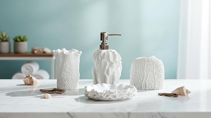 Hymmah Bathroom Accessories Set,Coral Seashell Design Toothbrush Holder,Farmhouse Bathroom Decor,4 Pcs Resin Gift Set Apartment Necessities, Contain Toothbrush Cup,Soap Dispenser,Soap Dish,Tumbler