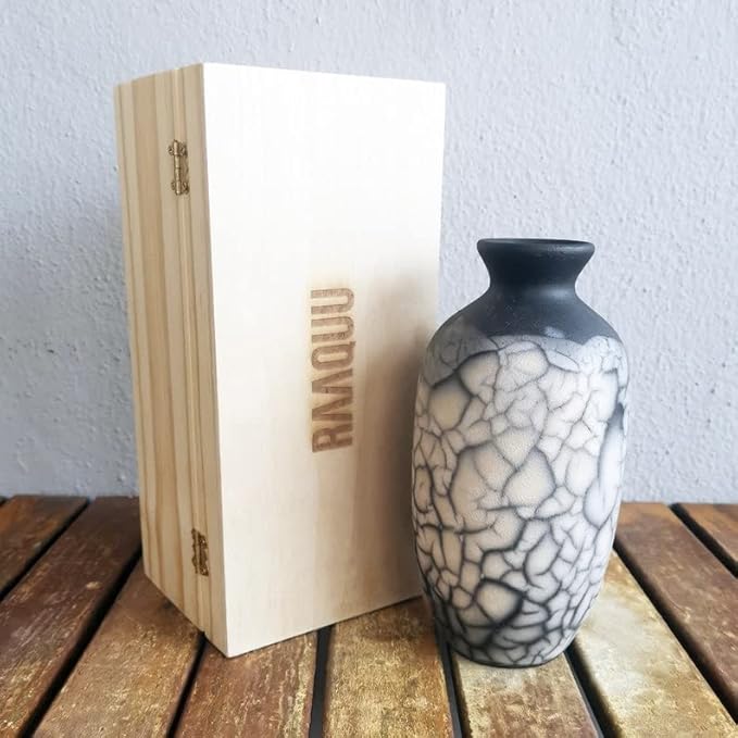 RAAQUU Koban 7 inch Raku Clay Ceramic Pottery Vase with Gift Box Corporate Gift in a Pine Box -Personalized Rustic Boho Handmade Gift in Smoked Raku