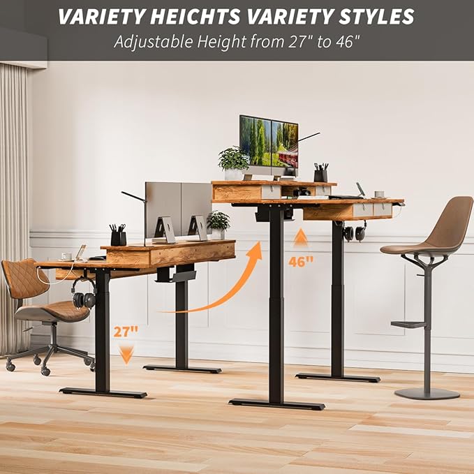 Kingant Standing Desk with Fast Charging USB Ports, 48" x 30" Height Adjustable Home Office & Gaming Desk, Sit Stand Desk with Built-in Storage Shelf, Hook & Ergonomic Design(Light Rustic)