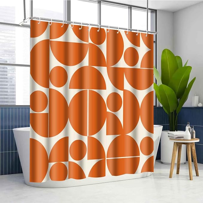 Vintage Orange Mid Century Modern Shower Curtain Boho Abstract Geometric Art Shower Curtains for Bathroom Decor 72x84 Inch 70s 80s Retro Washable Fabric Bathroom Set with 12 Hooks