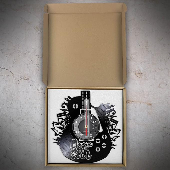 12 Inches Guitar Unique Music Vinyl Record Wall Clock Battery Operated Silent Quartz Non-Ticking, Rock n Roll Hanging Wall Clock Watch Music Gift for Rock Band Singer Idol Man Cave Bedroom