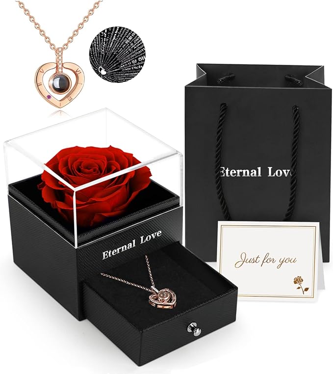 Preserved Real Rose for Mom with I Love You Necklace in 100 Language Girlfriend, Eternal Real Rose Flower Gifts for Women Mom Wife on Mothers Day Birthday Anniversaries
