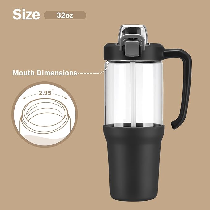 32oz Glass Water Bottle, 2-in-1 Straw and Sip Spout Lid, Leakproof Wide Mouth Tumbler with Handle, BPA-Free Reusable Bottle for Sports, Office, Outdoor, Black