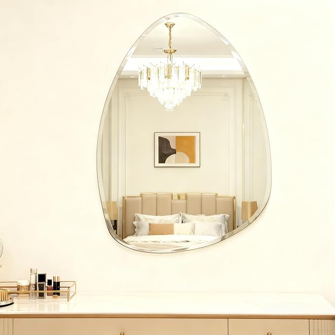 Frameless Asymmetrical Teardrop Shaped Wall Mirror, 20x28 Inch Beveled Edge Decorative Vanity Mirror for Bathroom, Bedroom, Entryway