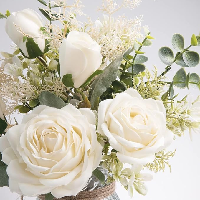 Silk Rose Flowers in Vase, Artificial Flowers Arrangement with Glass Vase Faux Rose for Decoration Table Centerpiece (White Rose)