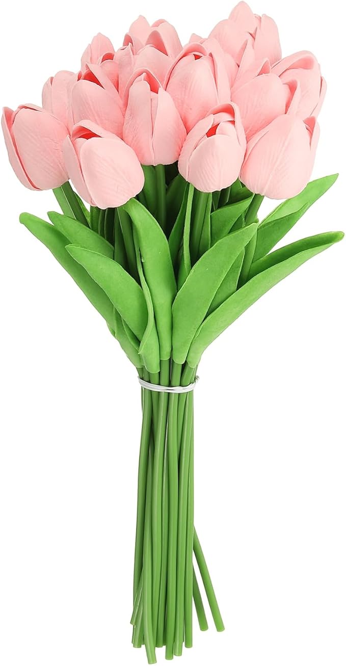 uxcell 20pcs Tulips Artificial Flowers, Faux Flowers Silk Fake Tulip Stems Real Touch for Wedding Bouquet Centerpiece Table Party Decoration(Candy Pink)