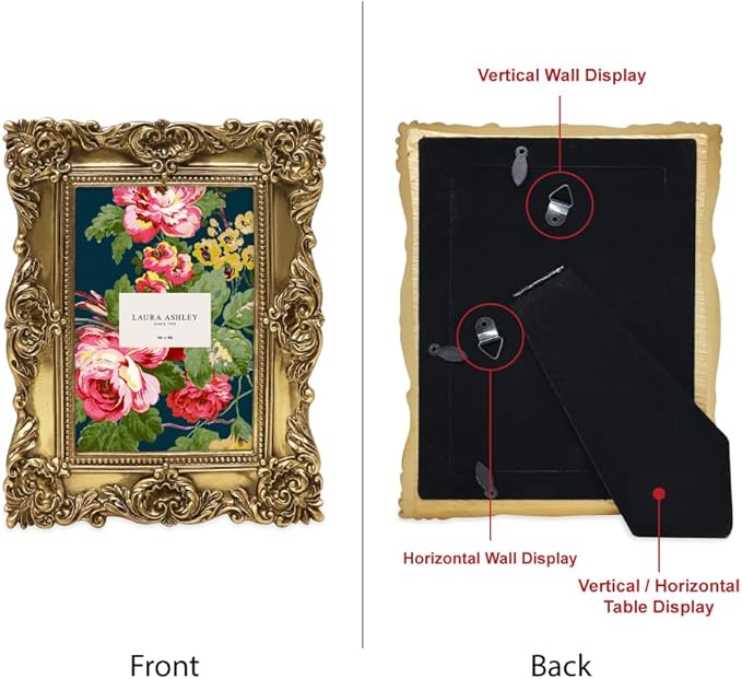 Laura Ashley 4x6 Gold Ornate Textured Hand-Crafted Resin Picture Frame with Easel & Hook for Tabletop & Wall Display, Decorative Floral Design Home Decor, Photo Gallery, Art, More (4x6, Gold)