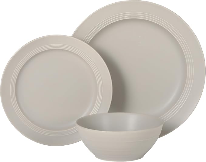 Gibson Elite Soleil 12 Piece Chateau Grey Stoneware Dinnerware Set for 4, Plates and Bowls Set with Dinner Plates, Salad Plates and Bowls